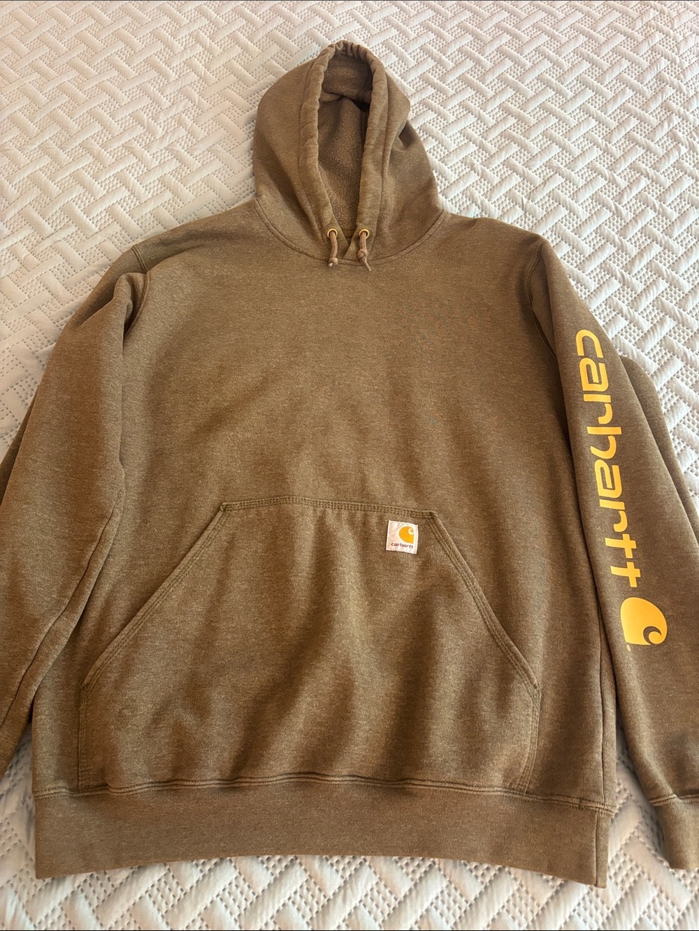 Carhartt Men's Olive Green Hoodie with Yellow Sleeve Logo